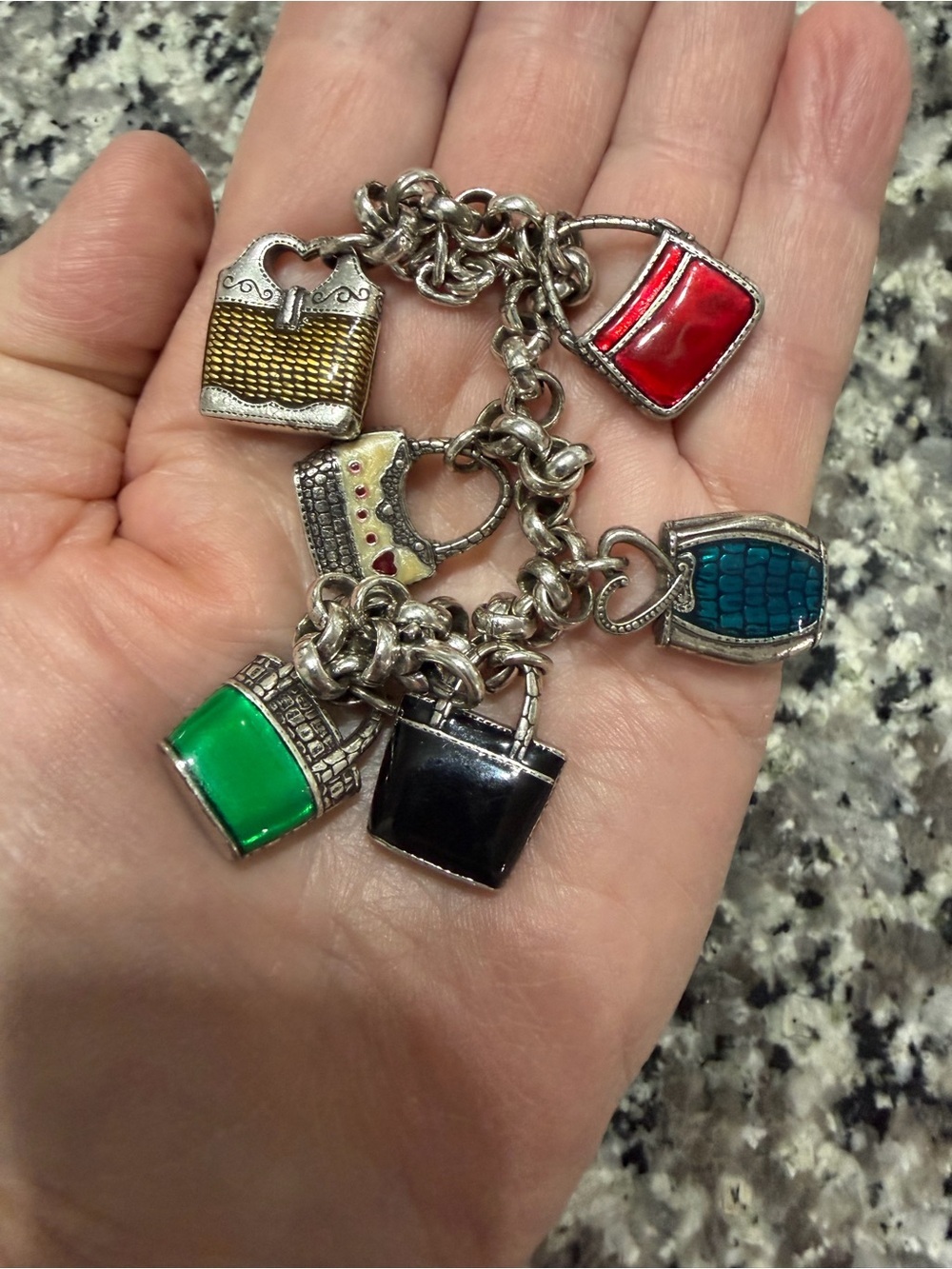 Vintage Signed Brighton Retired Enamel Handbag Purse Charm Bracelet -8” long 56g - Picture 3 of 7